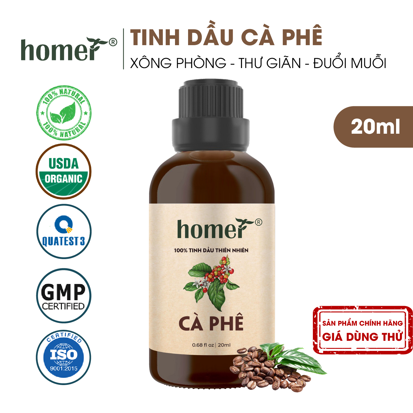 Tinh dầu thiên nhiên giá dùng thử chai lớn dung tích 20ml HOMER nhập khẩu - Nhóm đơn hương cơ bản 20 mùi - Tinh dầu Cam / Bạc hà / Sả chanh