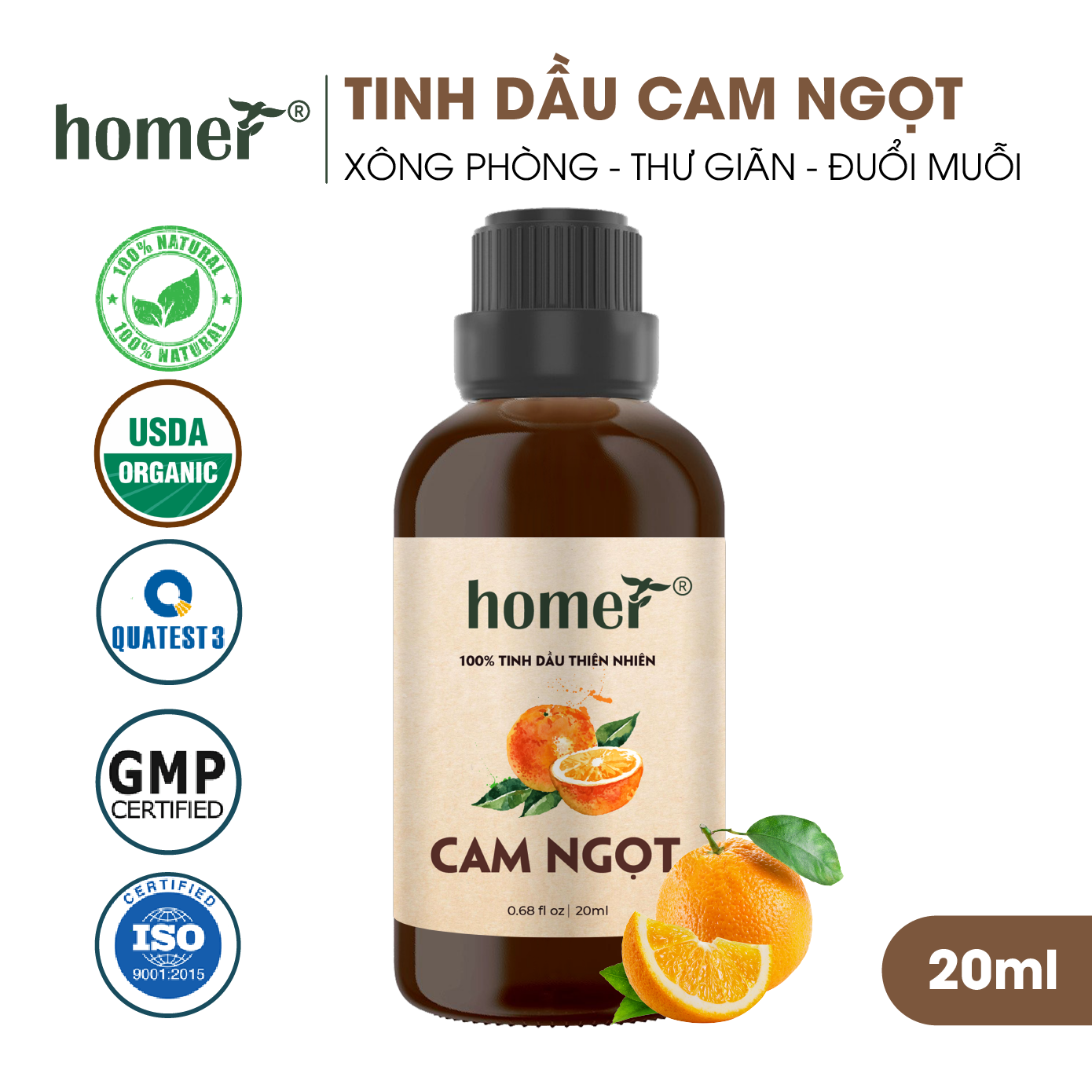Tinh dầu thiên nhiên giá dùng thử chai lớn dung tích 20ml HOMER nhập khẩu - Nhóm đơn hương cơ bản 20 mùi - Tinh dầu Cam / Bạc hà / Sả chanh