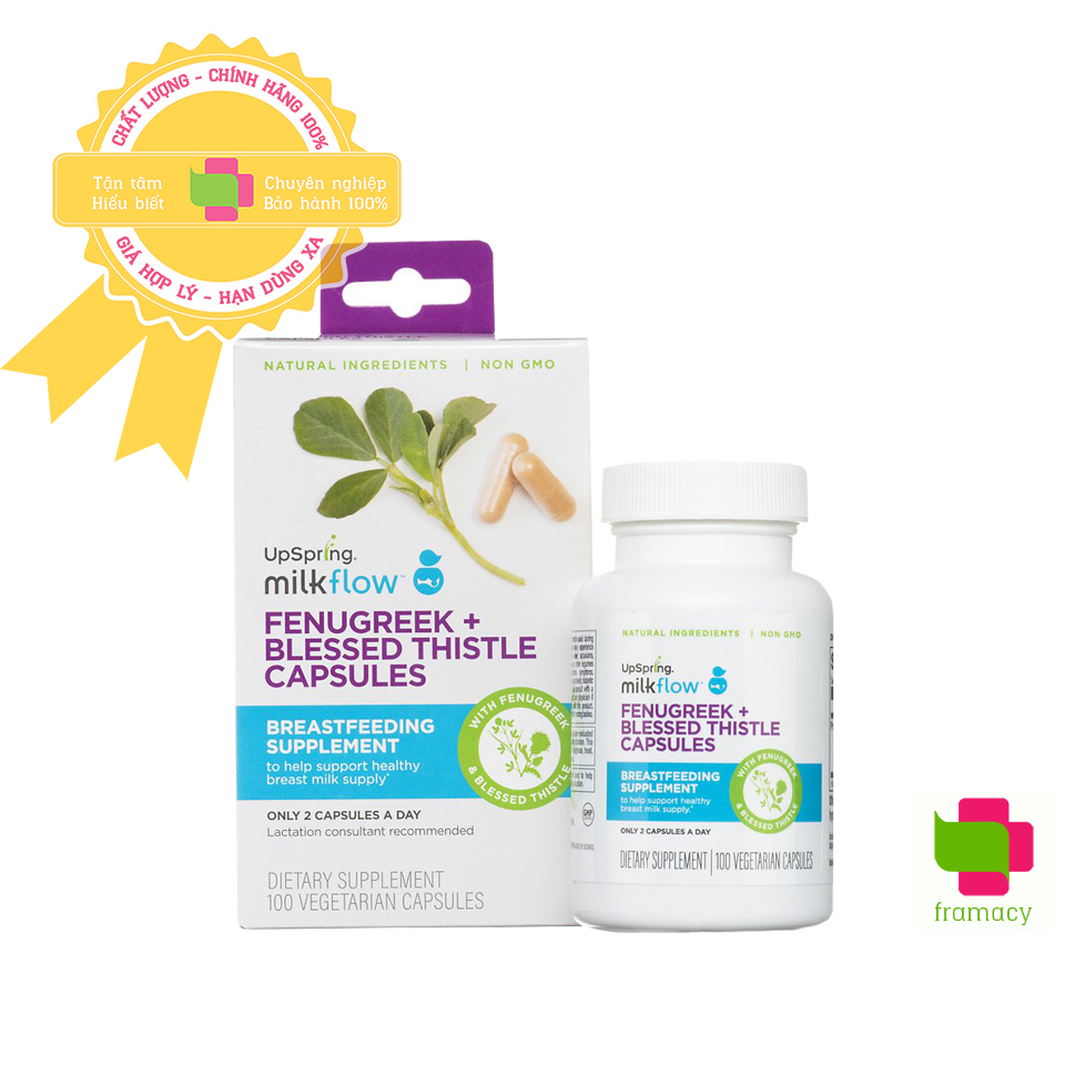 Lợi sữa cỏ cà ri và khế sữa Upspring Milkflow Fenugreek + Blessed Thistle, Mỹ (100v) tăng tiết sữa cho mẹ sau sinh
