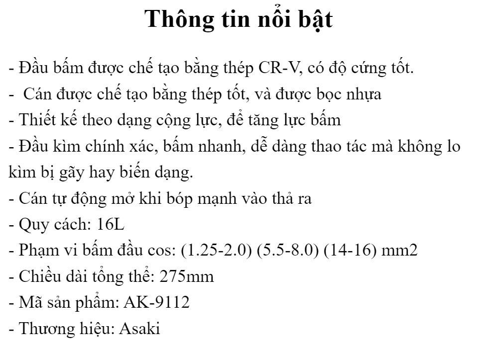 Kìm bấm cos 16L 1.25 - 16mm2 Asaki AK-9112 - Kềm bấm cốt 16L