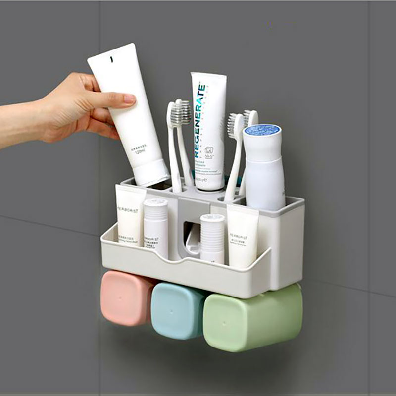 Kệ để đồ nhà tắm, treo bàn chải đánh răng, nhả kem tự động, tặng kèm 3 cốc, không cần khoan tường 9201