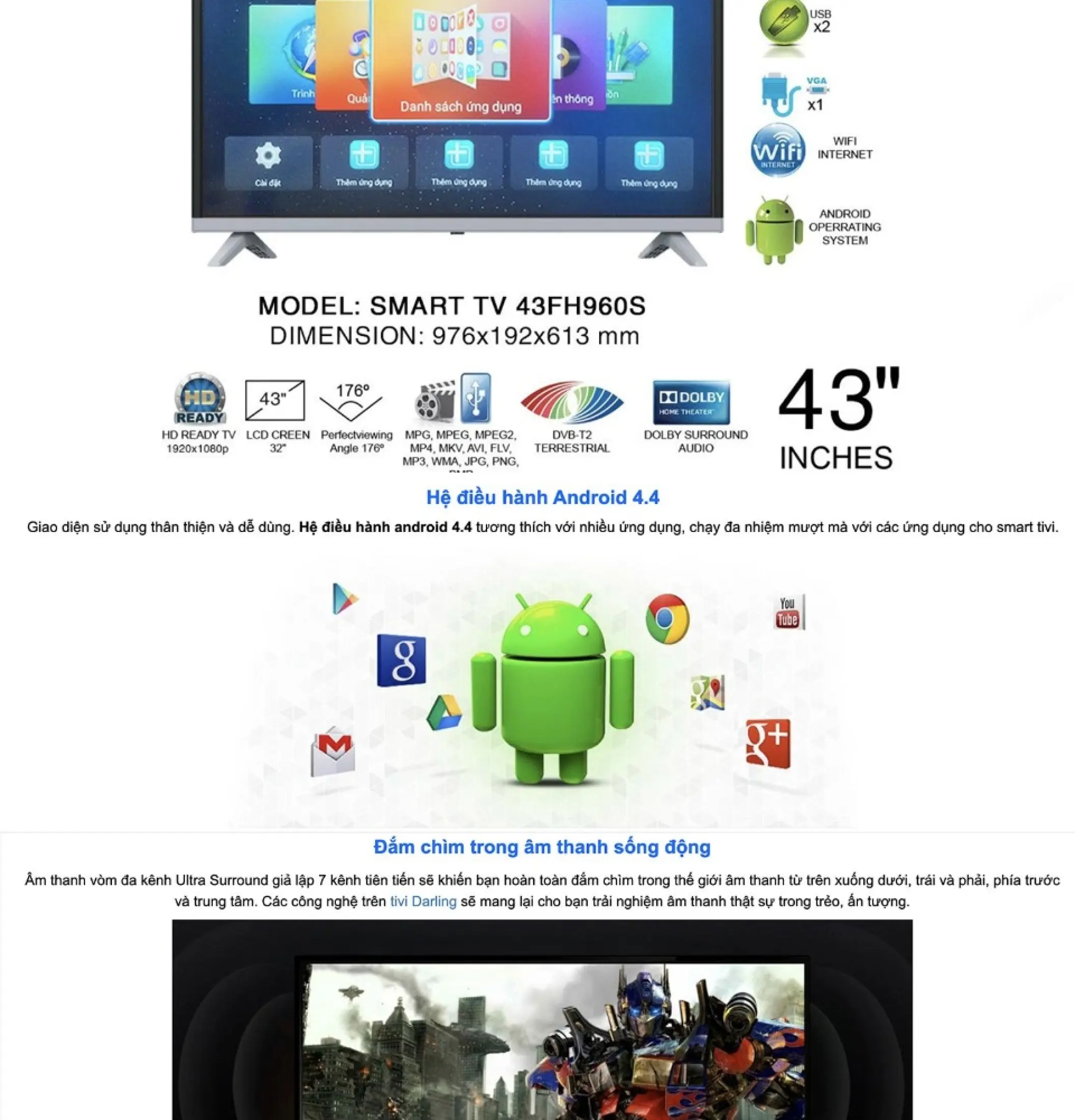 [Sản Phẩm Mới] Smart Tivi Darling 43 inch Full HD - Model 43FH960S Android Tích hợp DVB-T2 Wifi Tivi Giá Rẻ - Bảo Hành 2 Năm