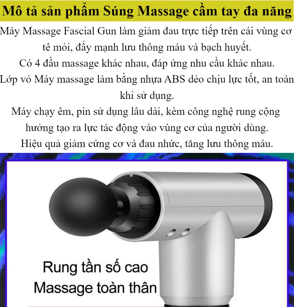 Súng massage cầm tay 4 đầu 6 chế độ - Súng bắn massage trị liệu đau mỏi vai gáy  giúp giãn cơ bắp tiện lợi