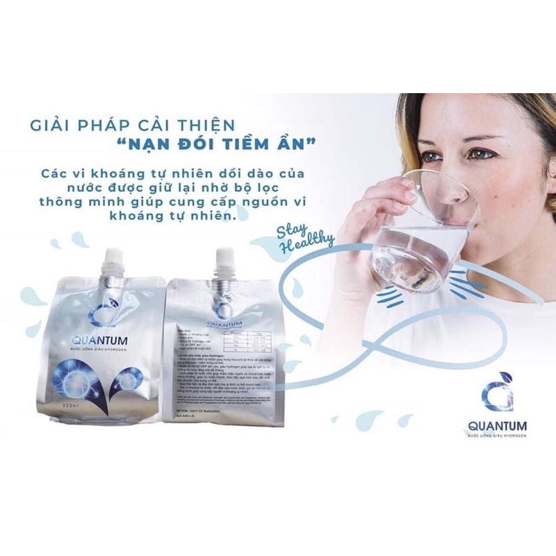 Nước khoáng tốt cho sức khỏe QUANTUM, chứa ion kiềm giàu hydrogen giúp giảm cân an toàn, mang lại công dụng thần kì cho sức khỏe. (333ml/túi)
