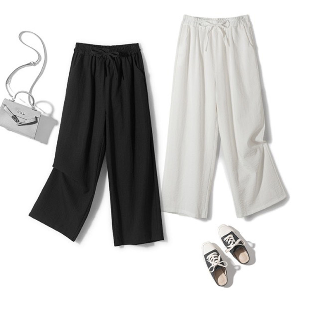 Quần Ống Rộng Culottes Lưng Cao Chất Đũi Vải Mềm Mịn Buộc Dây Kiểu Dáng Trẻ Trung