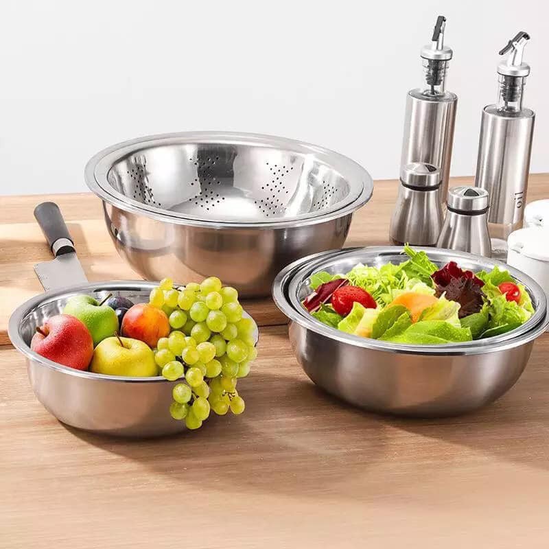 Bộ 5 chậu rổ inox 18-26cm [1 rổ có lỗ+4 rổ chậu kín]