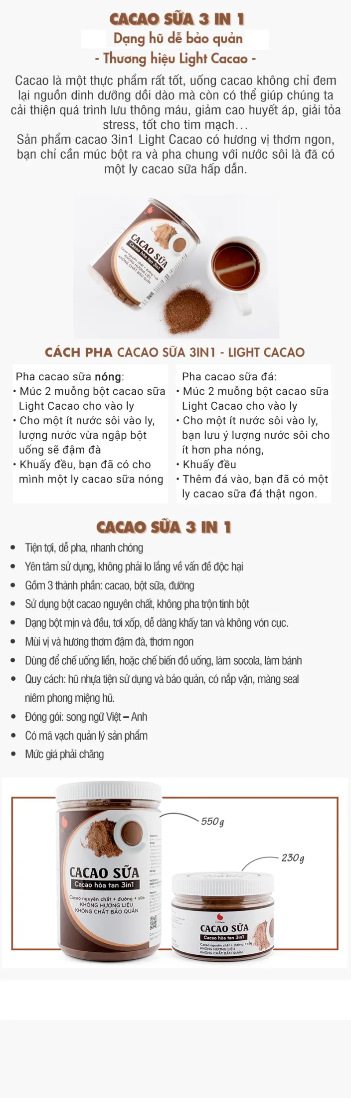 Bột CACAO SỮA hòa tan 3 in 1 Light Cacao đậm đà thơm ngon,dùng pha uống liền, đặc biệt không pha trộn hương liệu, 100% từ cacao nguyên chất - hũ 550g - 650gr