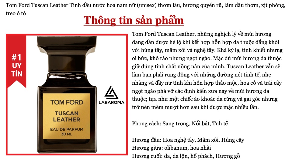 THƠM SIÊU LÂU] Tom Ford Tuscan Leather Tinh dầu nước hoa nam nữ (unisex)  thơm lâu, hương quyến rũ, làm dầu thơm, xịt phòng, treo ô tô 