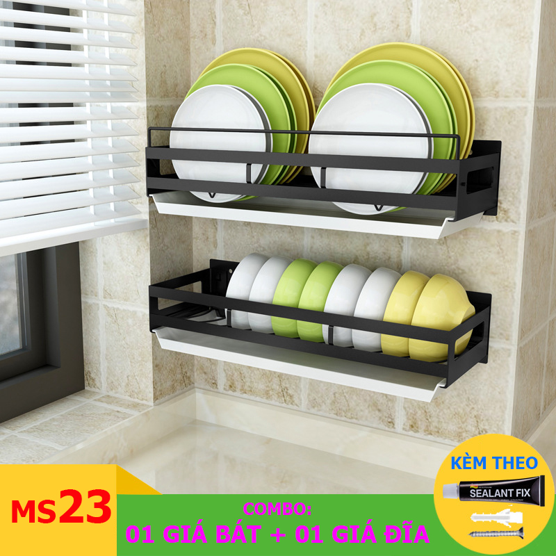 [KỆ INOX] Giá, kệ treo tường nhà bếp bằng inox cao cấp - Combo kệ chén bát và kệ đựng đĩa - MS23 (MS03+MS04)