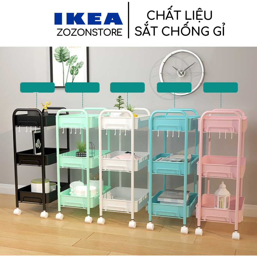 Kệ sắt 3 tầng IKEA đa năng đựng đồ mỹ phẩm tiệm Spa Nail tóc makeup đựng gia vị kệ nhà bếp kệ sách kệ phòng khách kệ phòng ngủ có tay cầm bánh xe Zozon