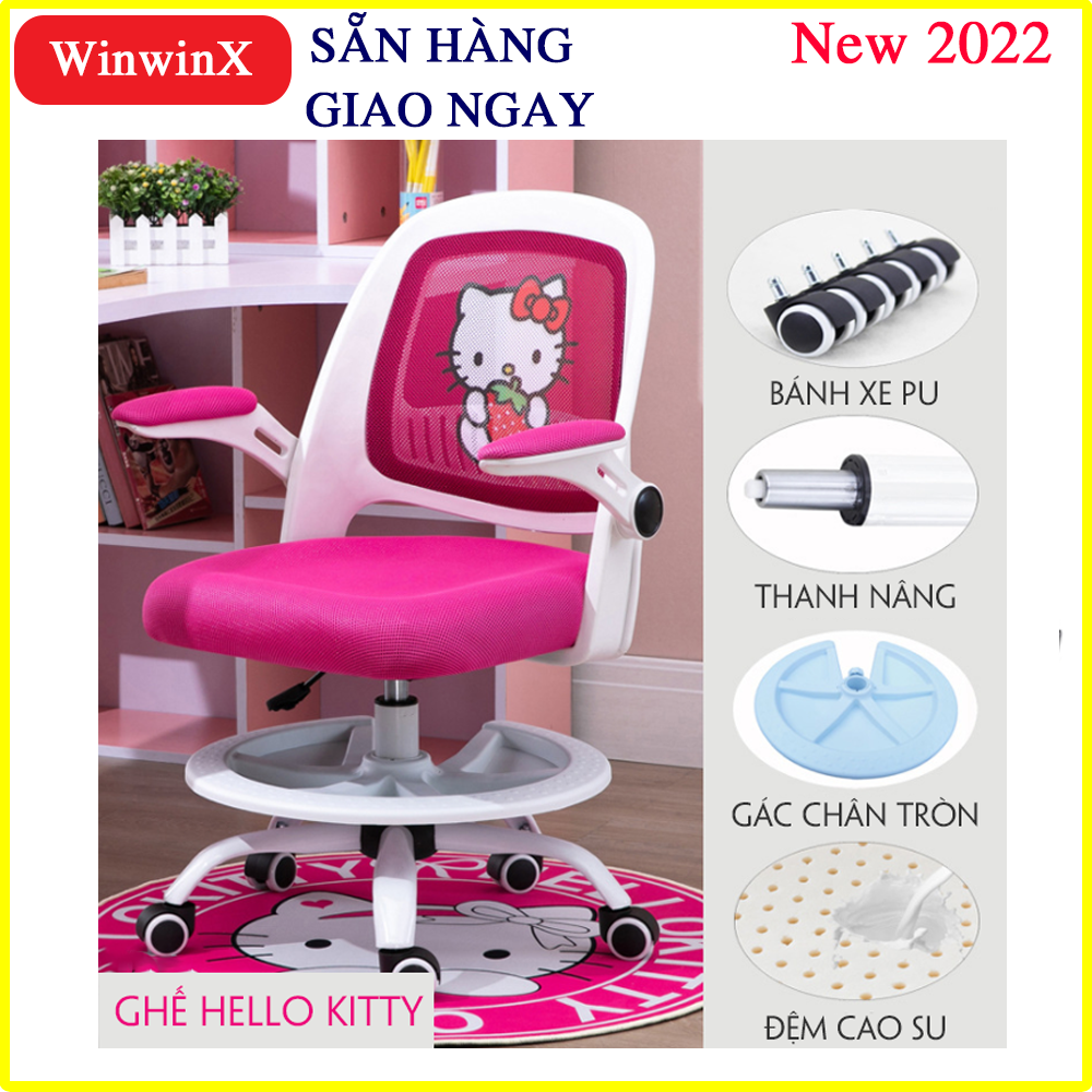 Ghế học sinh Chống Cận Chống Gù nam nữ Hello Kitty, ghế xoay học sinh đệm cao su non có tựa lưng, Vải sợi nano cao cấp chống xẹp lún, thoáng khí, Có thể điều chỉnh độ cao chân gác, chiều cao ghế, nhiều màu tại WinwinX