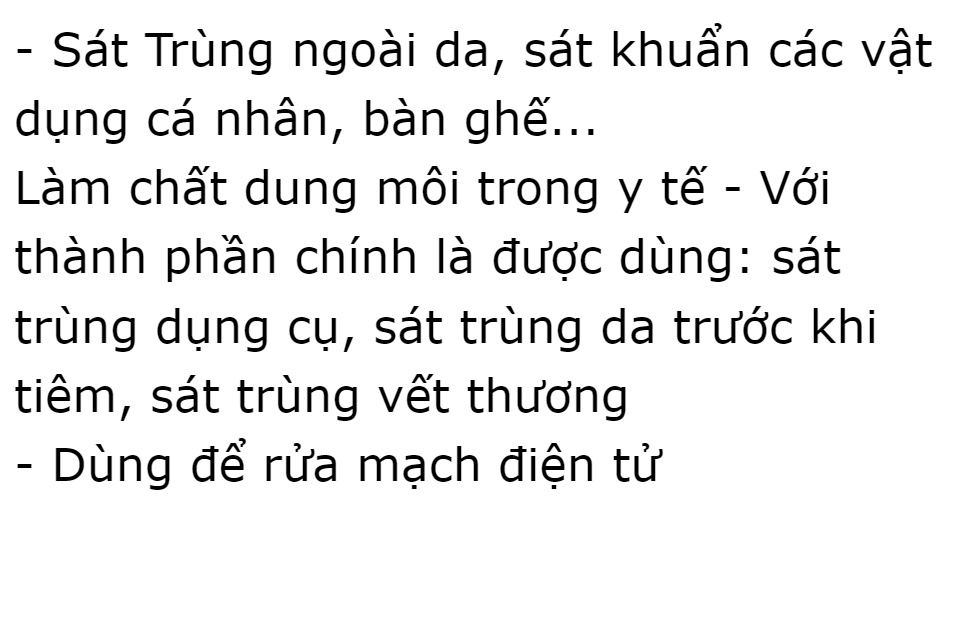 nước 70 độ 500ml Vĩnh Phúc dùng để xử lý làm sạch môi trường, sát khuẩn bề mặt vật dụng và có thể xử lý vi khuẩn trực tiếp trên con người, trên bề mặt da, sát khùng vết thương, diệt khuẩn, sát khuẩn dụng cụ y tế, DrViet