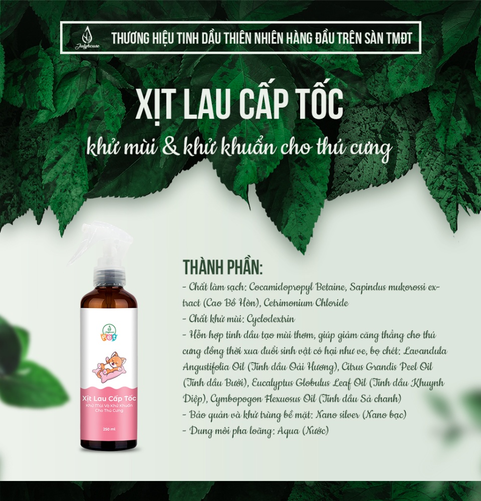 Nước lau sàn cấp tốc dạng xịt khử mùi và khử khuẩn cho chó mèo 50ml JULYHOUSE kết hợp tinh dầu Oải Hương, Khuynh Diệp, Sả Chanh