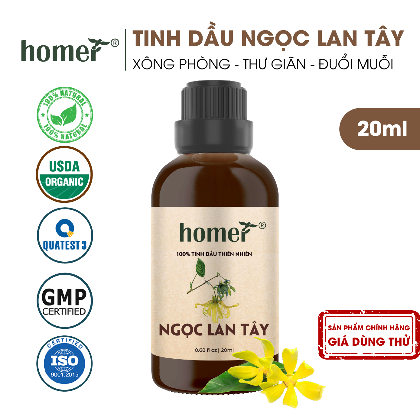 Tinh dầu thiên nhiên giá dùng thử chai lớn dung tích 20ml HOMER nhập khẩu - Nhóm đơn hương cơ bản 20 mùi - Tinh dầu Cam / Bạc hà / Sả chanh
