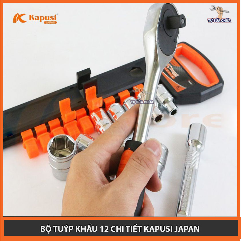 Bộ tuýp khẩu 12 chi tiết kèm cần siết tự động 2 chiều chính hãng Kapusi, Bộ tuýp khẩu 1/2, Bộ tuýp khẩu 1/4 Tuýp mở bulong, Bộ điếu mở ốc, Bộ khẩu mở siết ốc, Bộ tuýp Nhật Bản, Bộ tuýp sửa xe máy