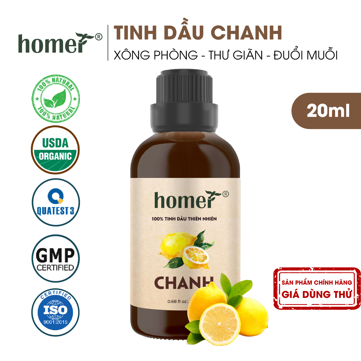 Tinh dầu thiên nhiên giá dùng thử chai lớn dung tích 20ml HOMER nhập khẩu - Nhóm đơn hương cơ bản 20 mùi - Tinh dầu Cam / Bạc hà / Sả chanh