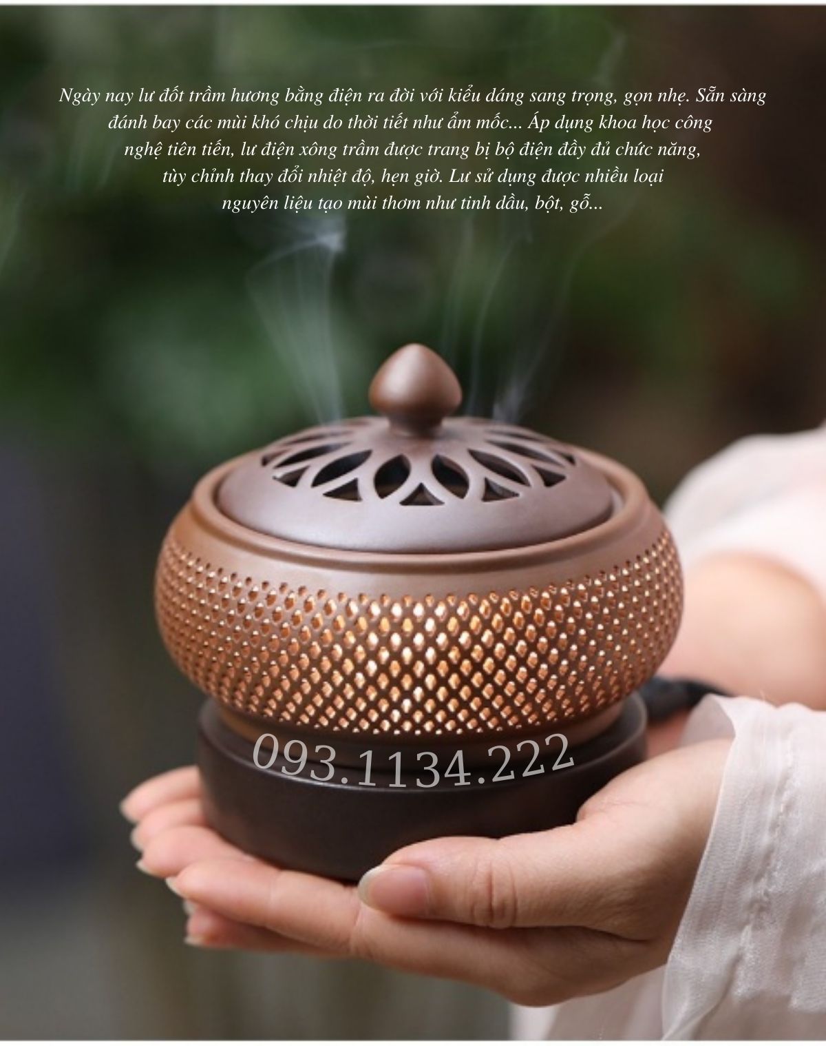 Lư điện xông bột gỗ, trầm, trầm miếng , dăm, lư hương lò xông bằng điện có hẹn giờ, có đèn đủ phụ kiện