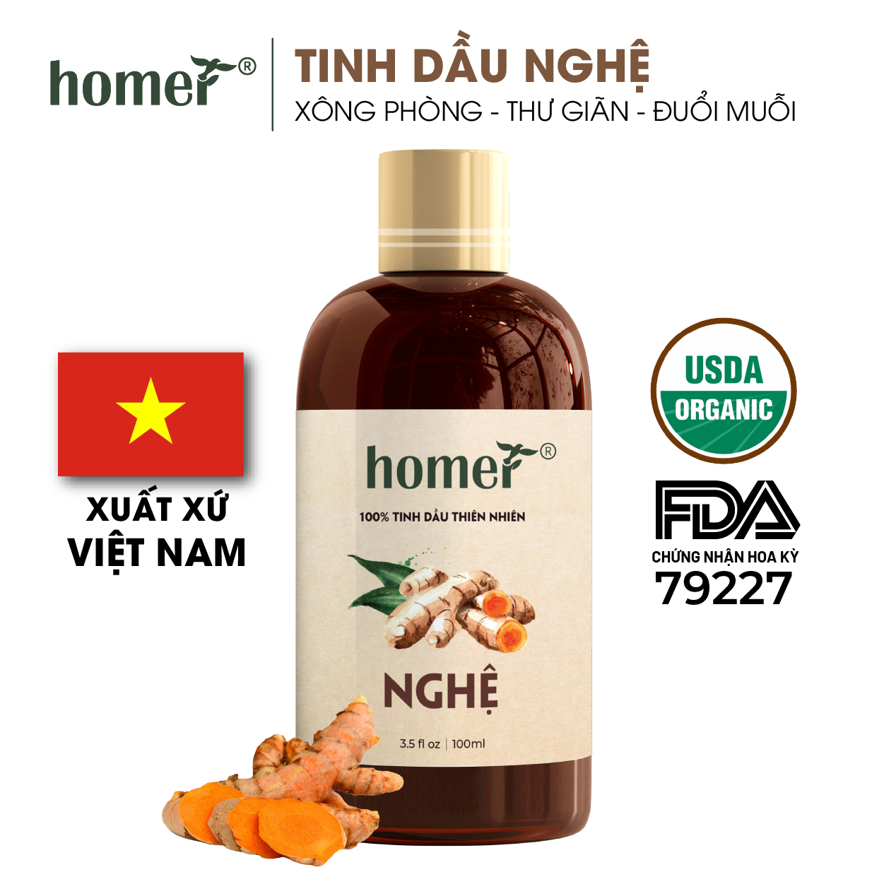 Tinh dầu thiên nhiên Nghệ Homer - Dung tích 20ml / 100ml - Đạt chuẩn kiểm định cao cấp - An toàn cho sức khỏe - Đa công dụng