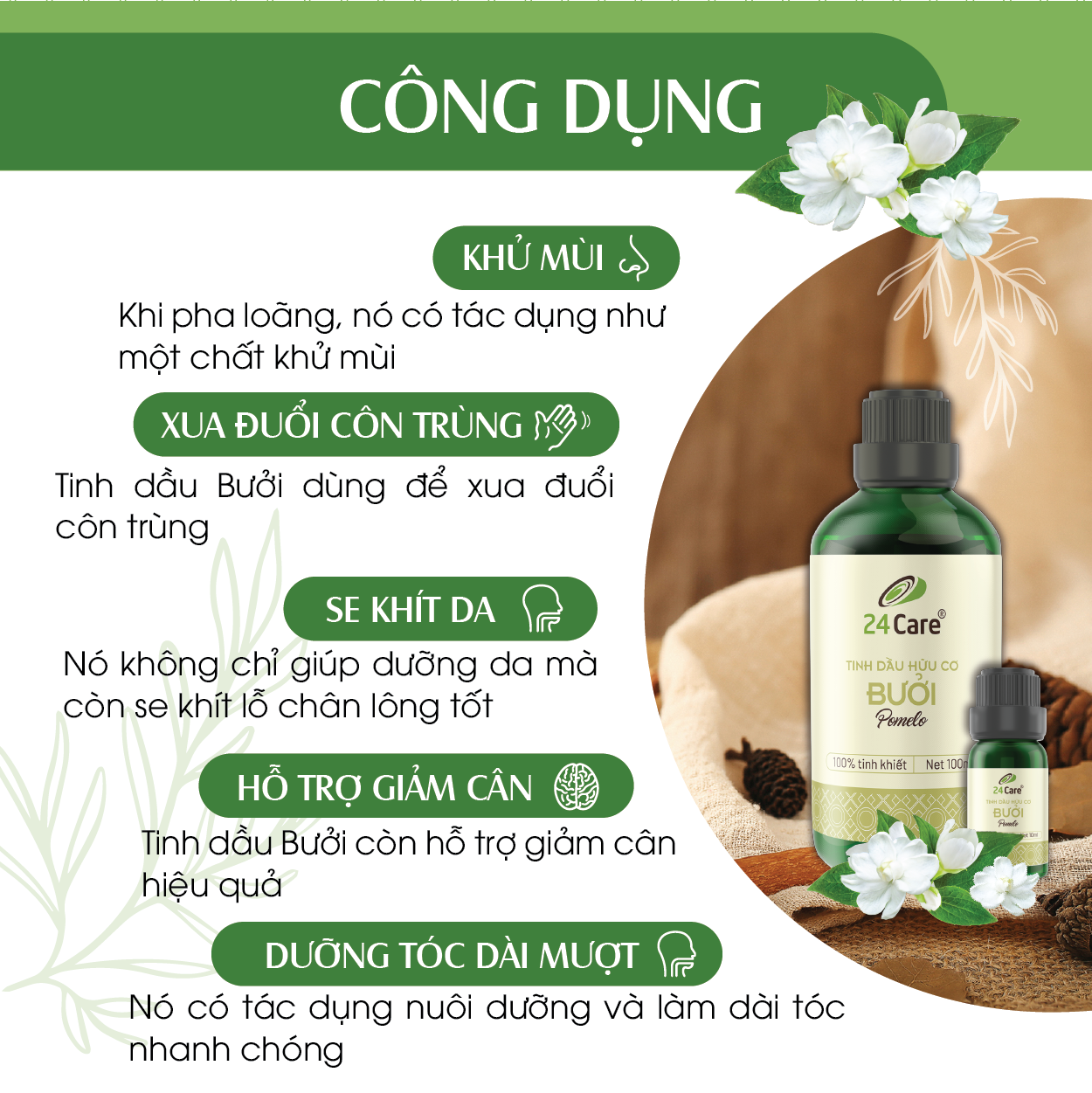 Tinh dầu Bưởi 24Care nguồn gốc thiên nhiên 100% - xông phòng, dưỡng tóc, giảm mỡ bụng 100ml