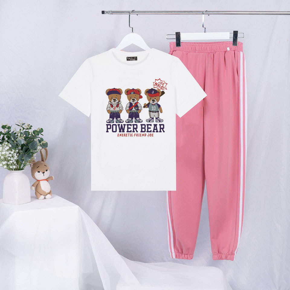 Sét Bộ Đồ Quần Áo Hè Ulzzang Nữ In 3D Cầu Thủ Power Bear Mặc Đi Chơi Cá Tính, Áo Màu Trắng Cotton Organic Kèm Quần Bo Thun Gấu Phong Cách