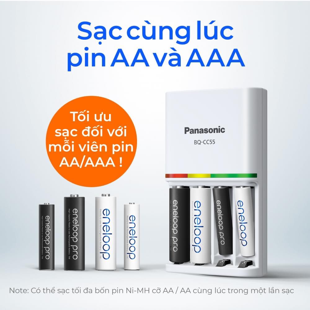 Bộ Sạc Pin Eneloop Panasonic BQ-CC55 Tặng Kèm 4 Pin Sạc 2000mAh Chính Hãng Sạc Nhanh Tự Ngắt