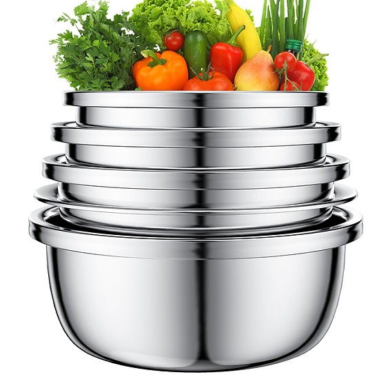 Bộ 5 chậu rổ inox 18-26cm [1 rổ có lỗ+4 rổ chậu kín]