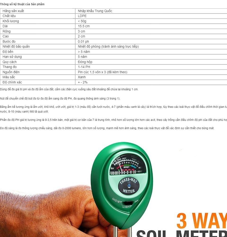 Chia sẻ: Đã thích (7) Máy đo đất, thiết bị đo PH đất 4-1 (PH, độ ẩm, ánh sáng, nhiệt độ) máy đo đất chính xác cao