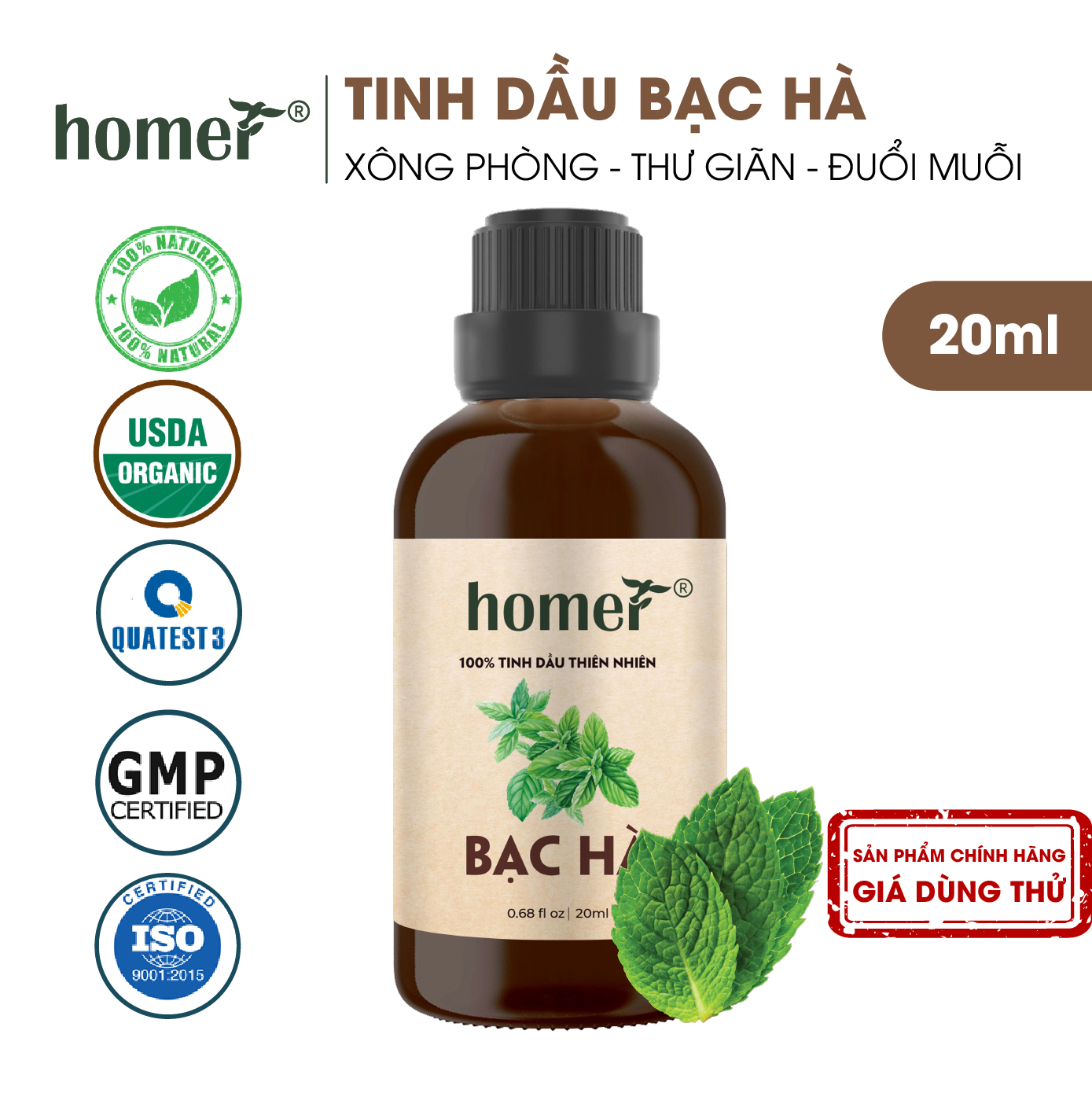 Tinh dầu thiên nhiên giá dùng thử chai lớn dung tích 20ml HOMER nhập khẩu - Nhóm đơn hương cơ bản 20 mùi - Tinh dầu Cam / Bạc hà / Sả chanh