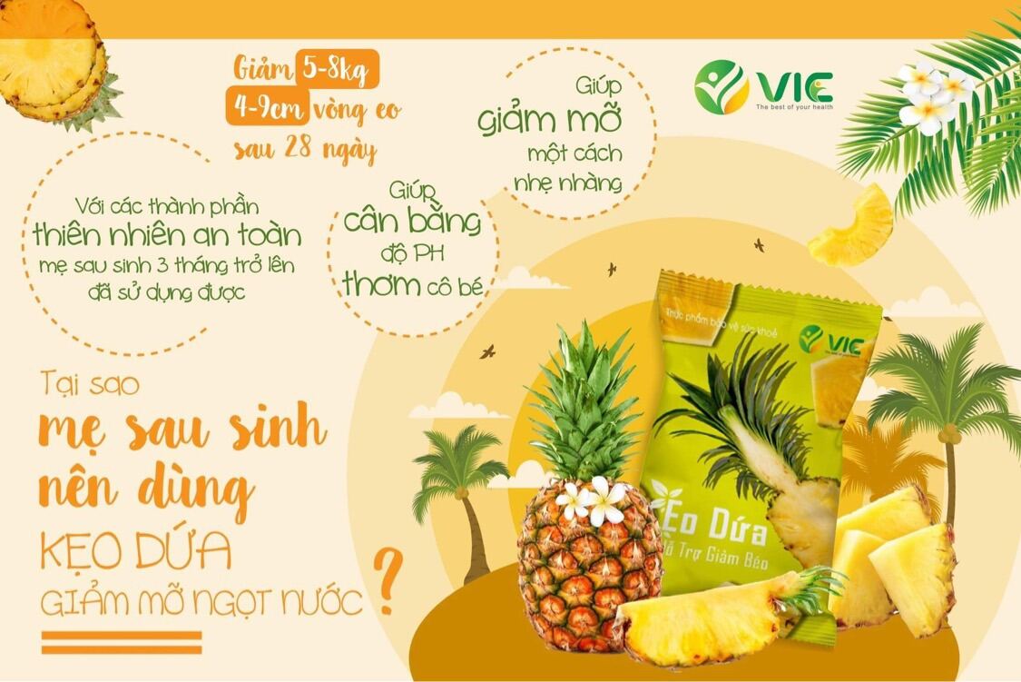 Kẹo dứa giảm cân VIC Organic - Giảm cân dứa - Mẫu mới 2021 - Gói 7 viên Chính hãng