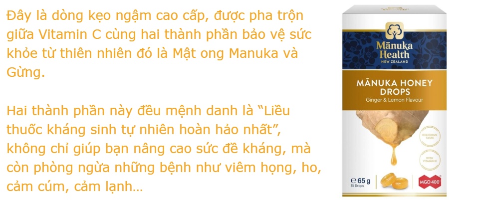Kẹo ngậm Mật ong Manuka Honey Drops Ginger & Lemon Flavour Vị Chanh và Gừng MGO 400+