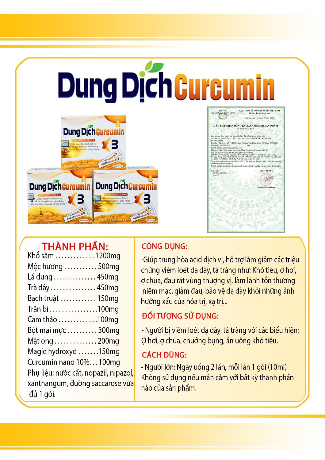 Dung Dịch Curcumin Nano X3 -hỗ trợ  giảm  viêm loét dạ dày, tá tràng, giảm triệu chứng khó tiêu, ợ hơi, ợ chua, đau rát vùng thượng vị, khối u do các gốc oxy hóa
