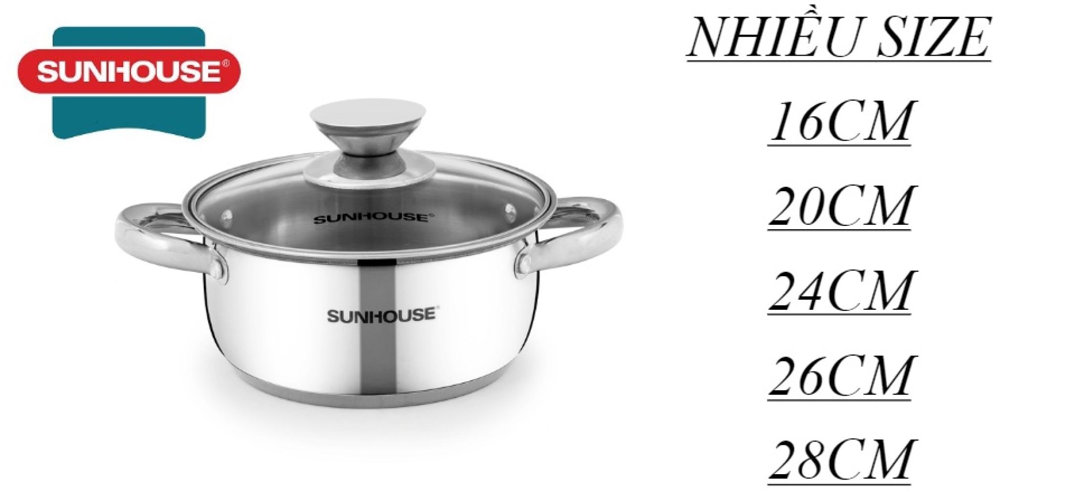 Nồi inox 3 đáy SUNHOUSE 16CM - 20 CM - 24CM