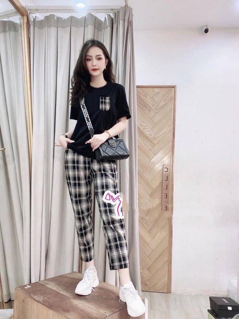 ĐỒ BỘ THUN DÀI CARO ĐẮP TÚI THỜI TRANG CHẤT THUN MỀM MỊN CO GIÃN 4 CHIỀU