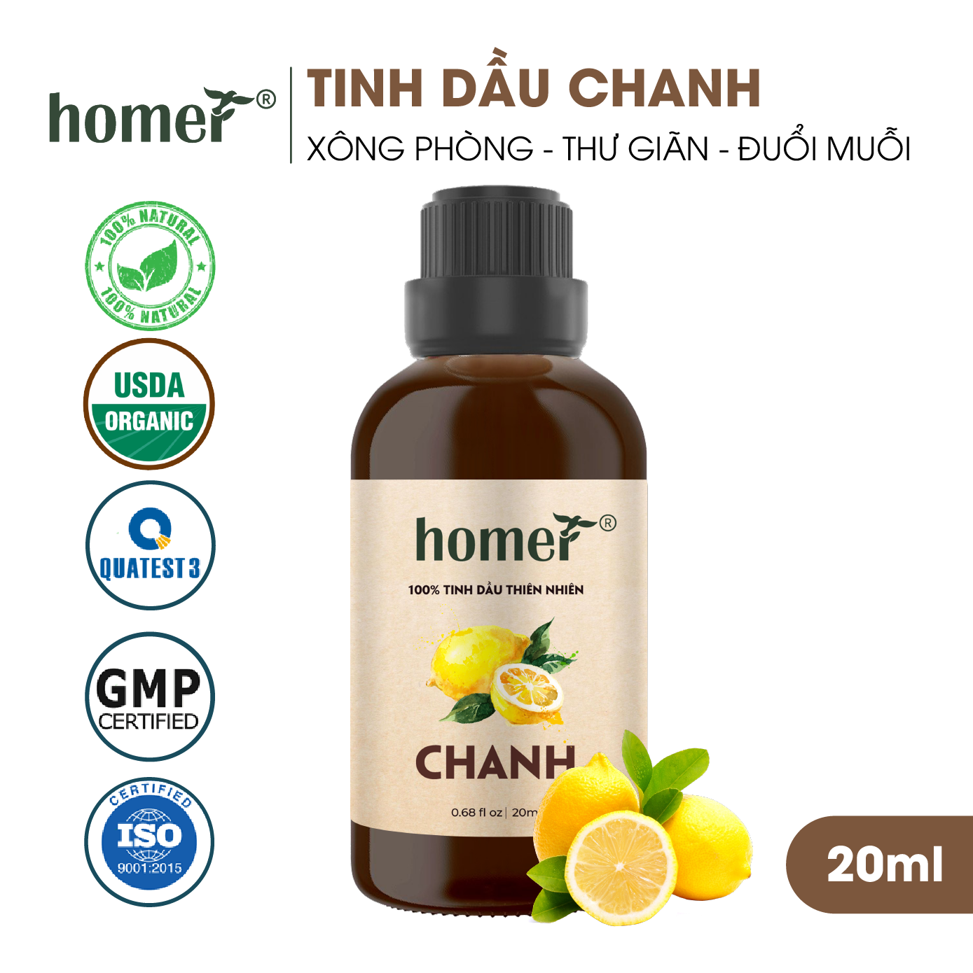 Tinh dầu thiên nhiên giá dùng thử chai lớn dung tích 20ml HOMER nhập khẩu - Nhóm đơn hương cơ bản 20 mùi - Tinh dầu Cam / Bạc hà / Sả chanh