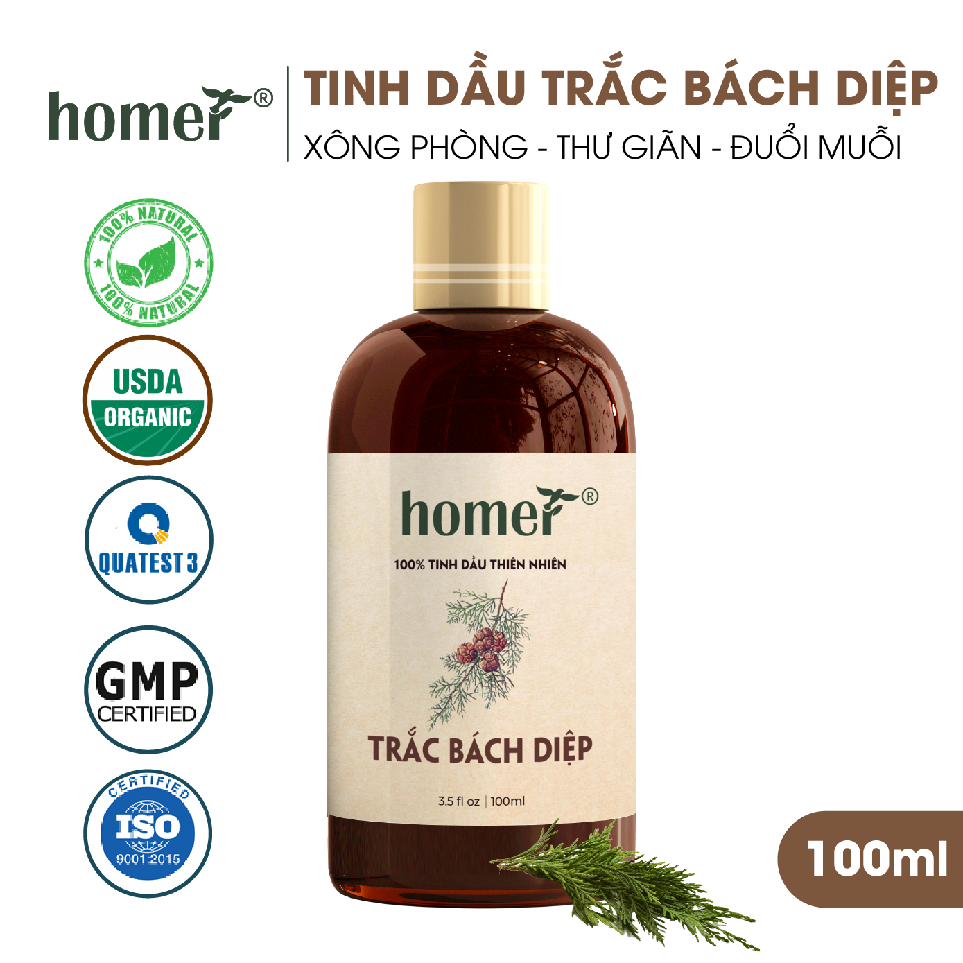 Tinh dầu thiên nhiên Trắc Bách Diệp Homer - Dung tích 20ml / 100ml/ 500ml/ 1000ml - Đạt chuẩn kiểm định cao cấp - An toàn cho sức khỏe - Đa công dụng
