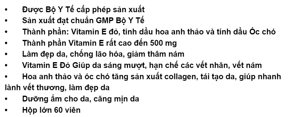 VITAMIN E Đỏ 500 - Chống Oxy Hóa - Hạn Chế Lão Hóa. Làm Đẹp Da Với Tinh Chất Hoa Anh Thảo, Tinh Dầu Óc Chó 3