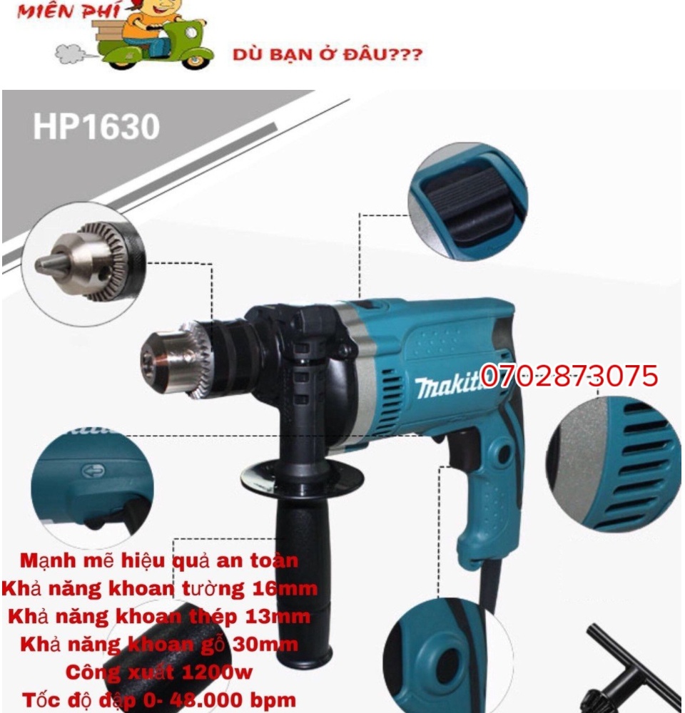 Máy khoan cầm tay makita chính hãng (mẫu 2024) hàng loại 1. Máy khoan điện Makita HP 1630 có khoan búa - khoang tường - máy đục bê tông - máy khoan gỗ - máy khoan sắt - khoan lõi đồng 100%