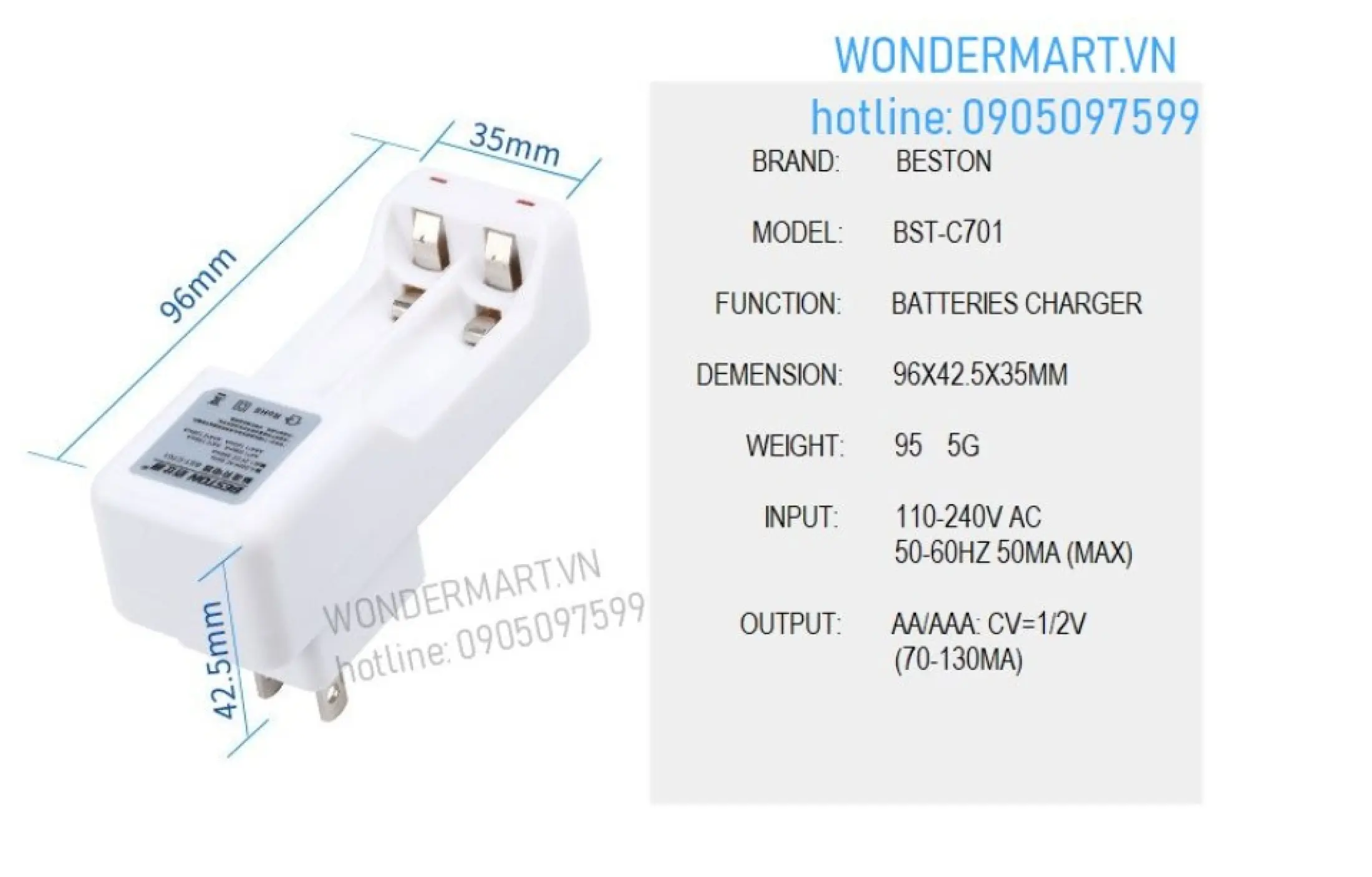 Product details of Bộ sạc pin Beston AA/AAA 2 cổng kèm 2 pin AA 1.2V 3000mAh chuyên micro không dây