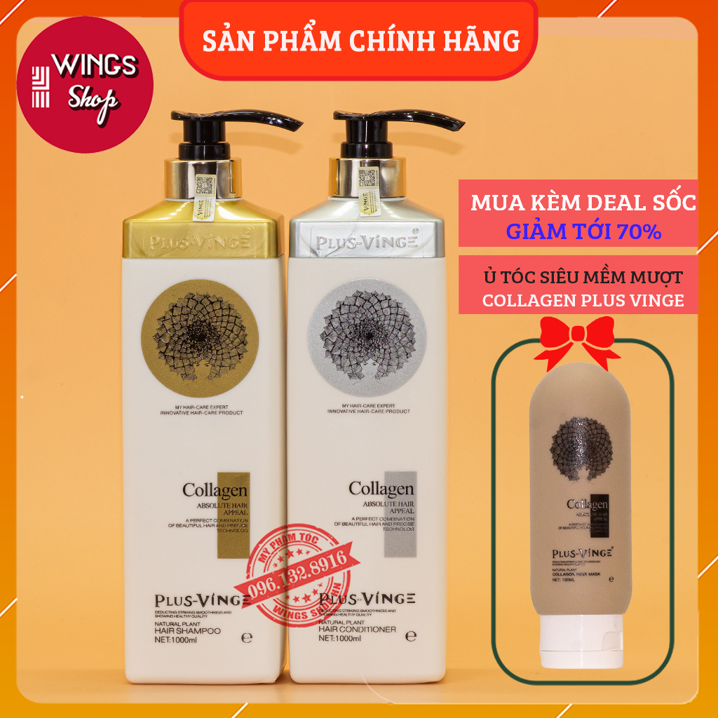 Cặp Dầu Gội Xả Collagen Vinge 1000ML Giúp Giảm Rụng Tóc Phục Hồi Tóc Khô Xơ Hư Tổn, WINGs SHOP Dầu Gội Collagen Vinge Chính Hãng
