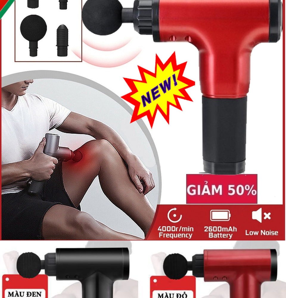 Súng massage cầm tay 4 đầu 6 chế độ - Súng bắn massage trị liệu đau mỏi vai gáy  giúp giãn cơ bắp tiện lợi