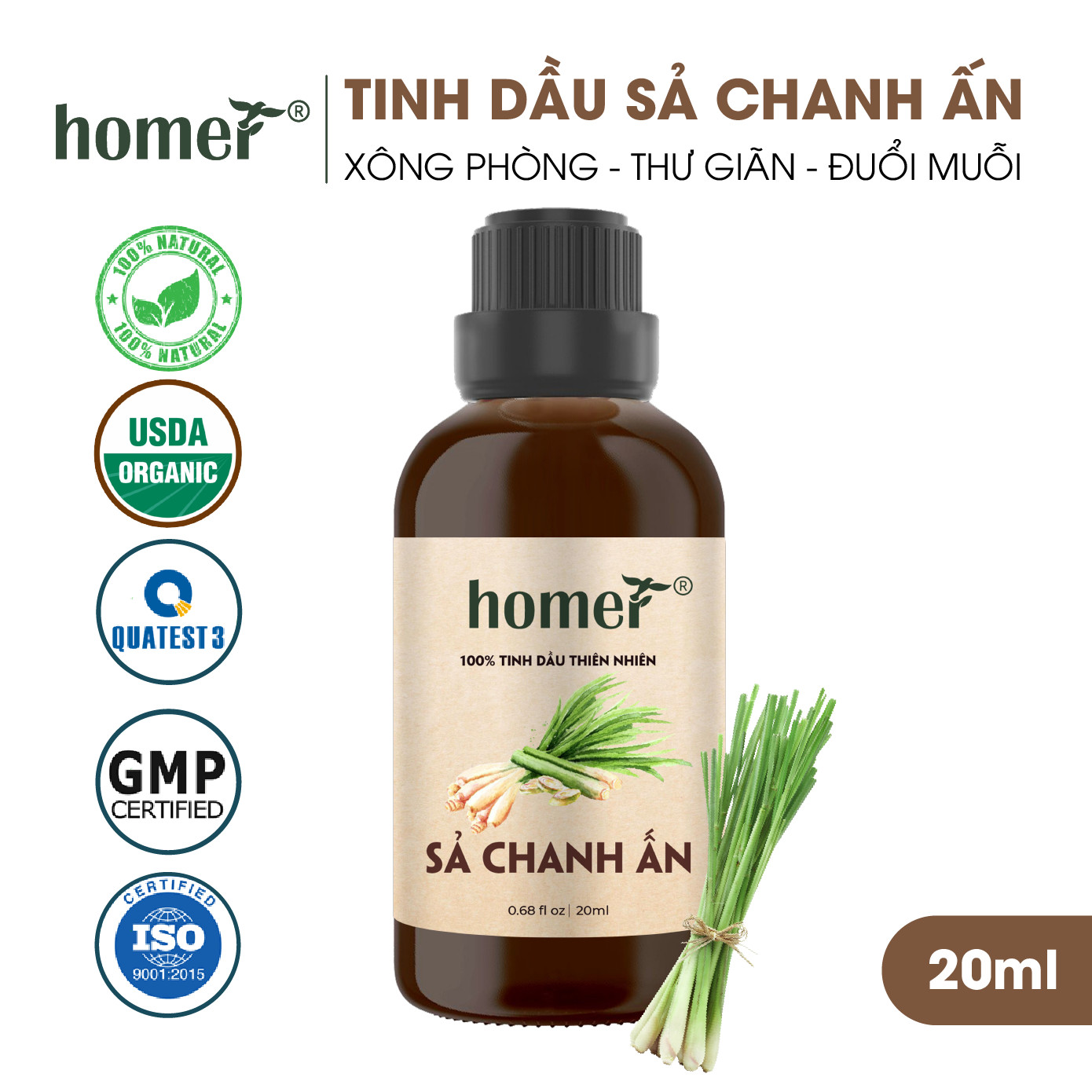 Tinh dầu thiên nhiên giá dùng thử chai lớn dung tích 20ml HOMER nhập khẩu - Nhóm đơn hương cơ bản 20 mùi - Tinh dầu Cam / Bạc hà / Sả chanh