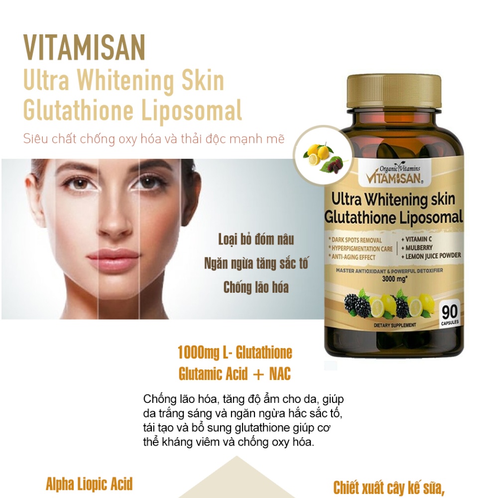vitamisan ultra whitening skin glutathione liposomal NAC Glutathione Skin Whitening Bleaching Anti-Agin Acne Scar & Dark Spot  Remover