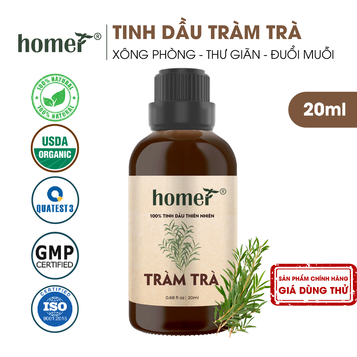 Tinh dầu thiên nhiên giá dùng thử chai lớn dung tích 20ml HOMER nhập khẩu - Nhóm đơn hương cơ bản 20 mùi - Tinh dầu Cam / Bạc hà / Sả chanh