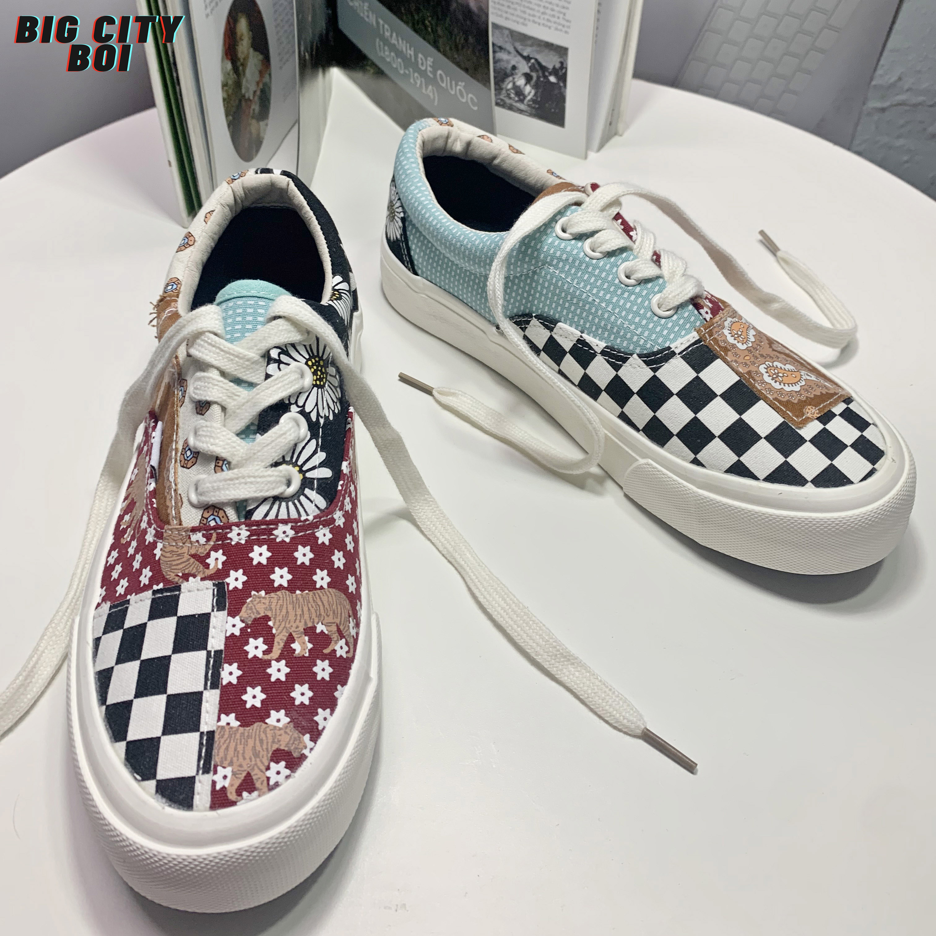 Giày Vansynn Dây Vải Họa Tiết Thổ Cẩm Nhiều Màu Sắc Unisex Hoa Văn Tự Nhiên Nam Nữ - Vải canvas Tiger Caro
