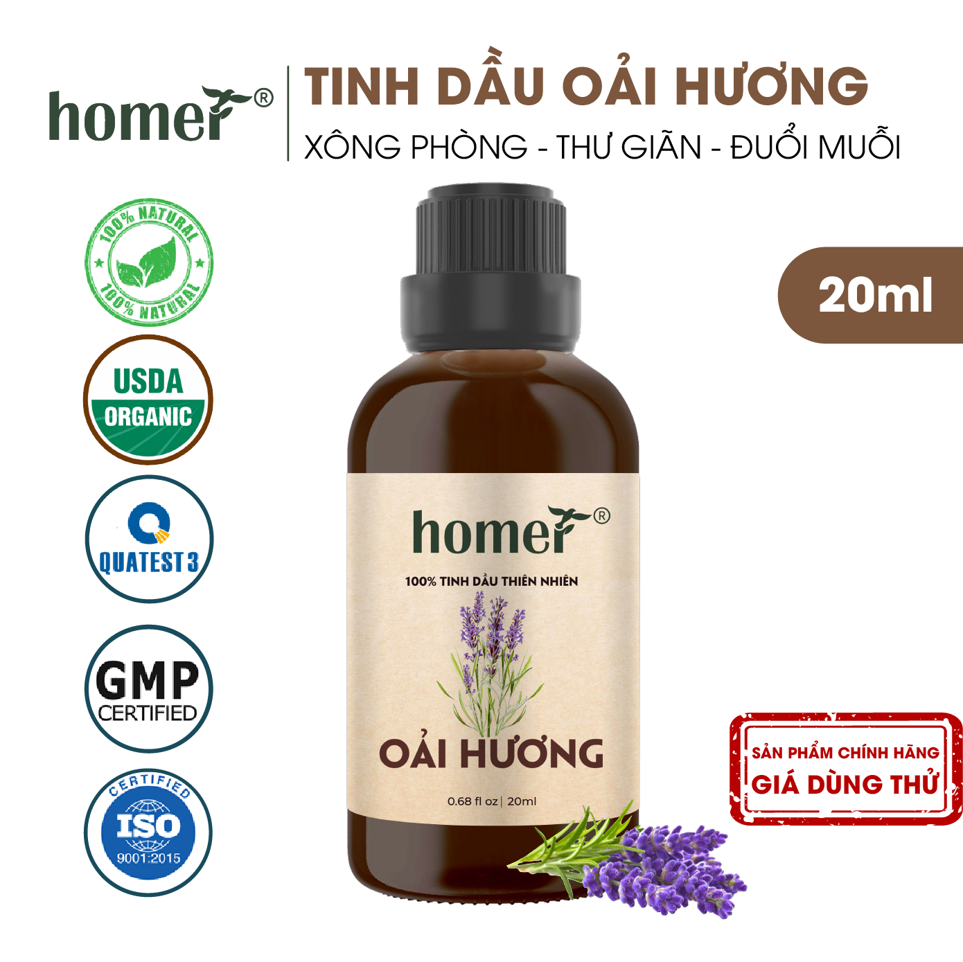 Tinh dầu thiên nhiên giá dùng thử chai lớn dung tích 20ml HOMER nhập khẩu - Nhóm đơn hương cơ bản 20 mùi - Tinh dầu Cam / Bạc hà / Sả chanh