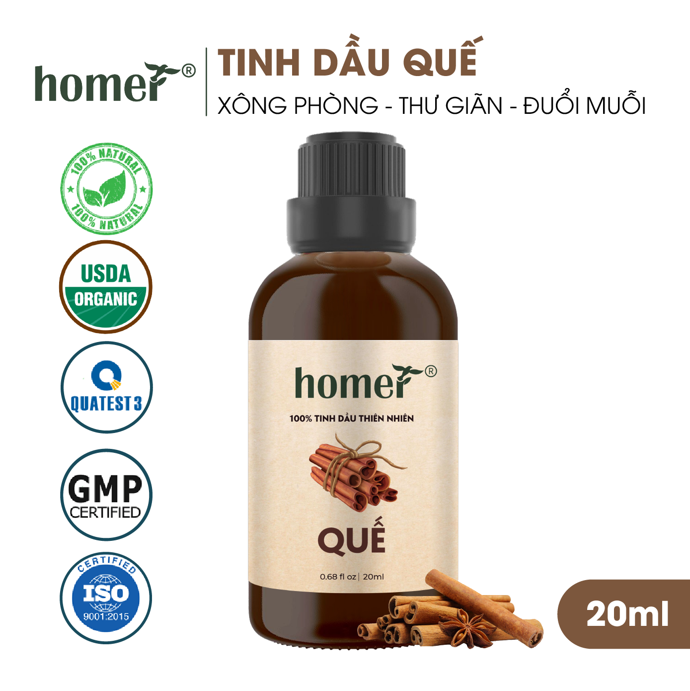 Tinh dầu thiên nhiên giá dùng thử chai lớn dung tích 20ml HOMER nhập khẩu - Nhóm đơn hương cơ bản 20 mùi - Tinh dầu Cam / Bạc hà / Sả chanh