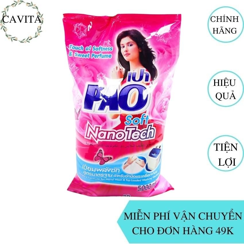 Bột Giặt Pao 5kg Thái Lan CAVITA giúp quần áo trắng sáng, mềm vải, sạch khuẩn lưu hương lâu