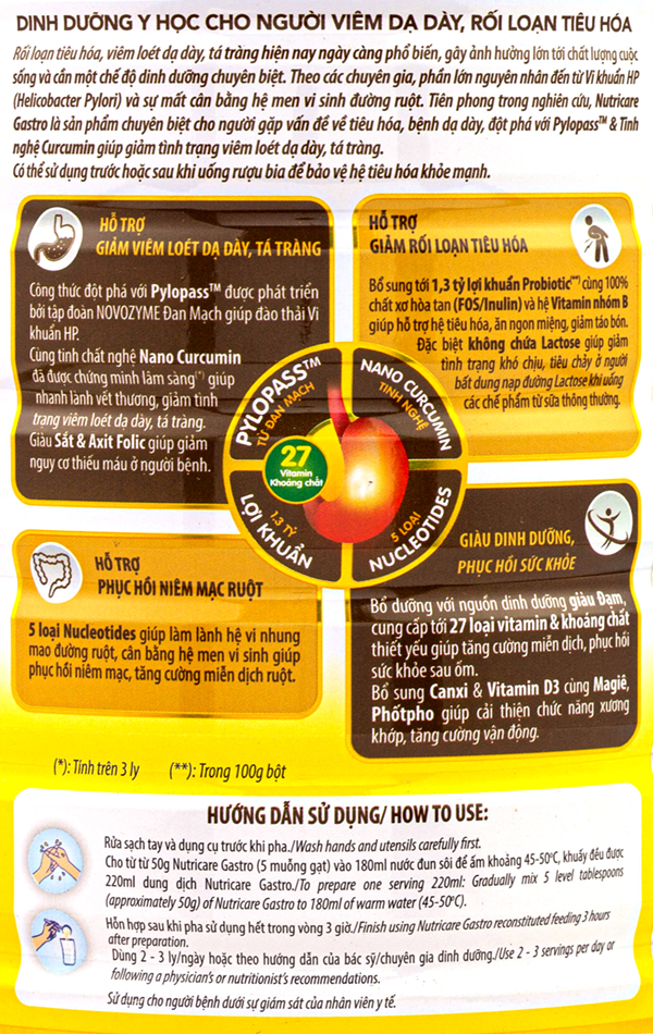 Sữa bột Nutricare Gastro / Sữa cho người đau dạ dày / Nutricare . Lon:900g . Dành cho người viêm loét dạ dày . Đau dạ dày