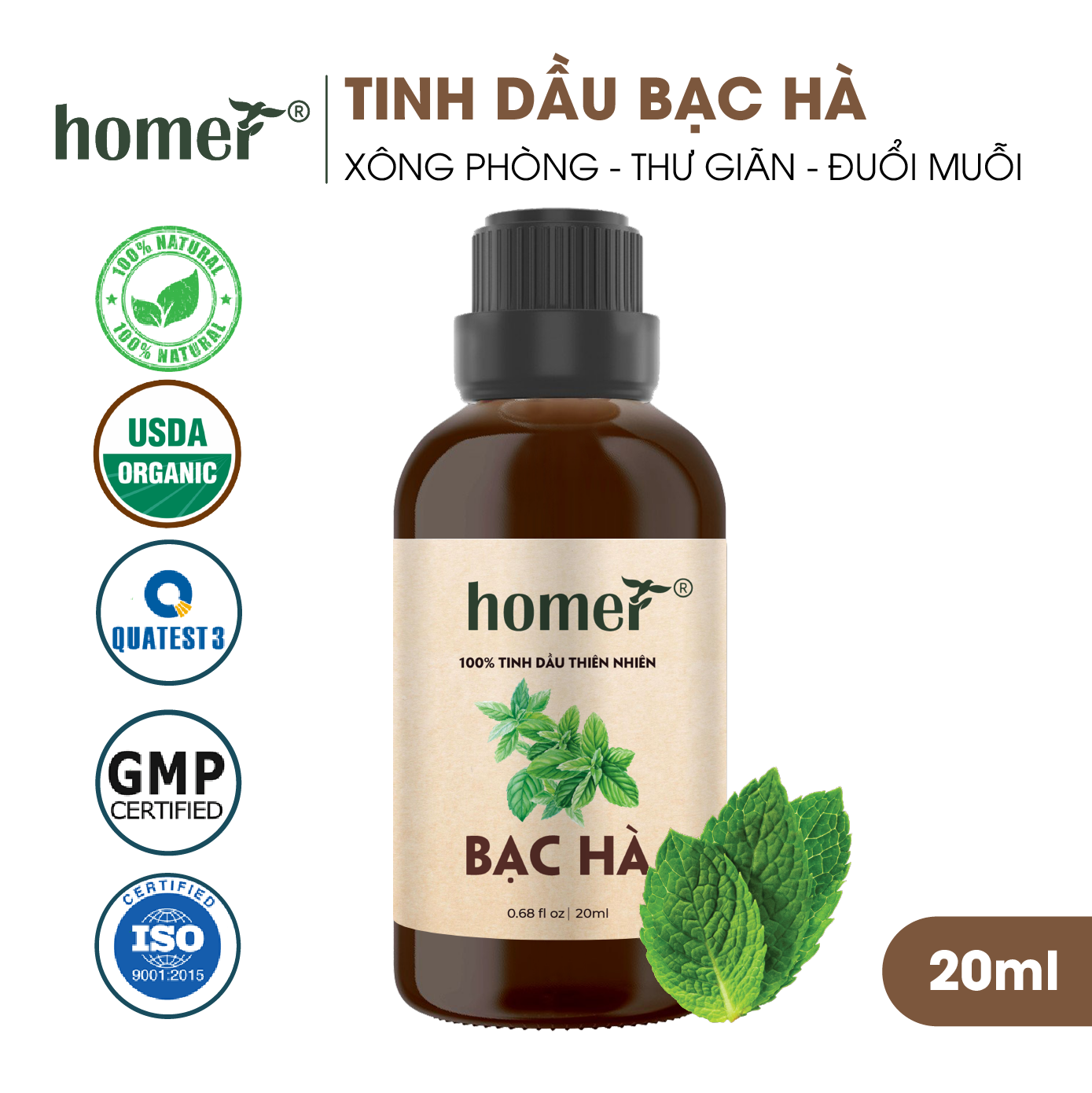 Tinh dầu thiên nhiên giá dùng thử chai lớn dung tích 20ml HOMER nhập khẩu - Nhóm đơn hương cơ bản 20 mùi - Tinh dầu Cam / Bạc hà / Sả chanh