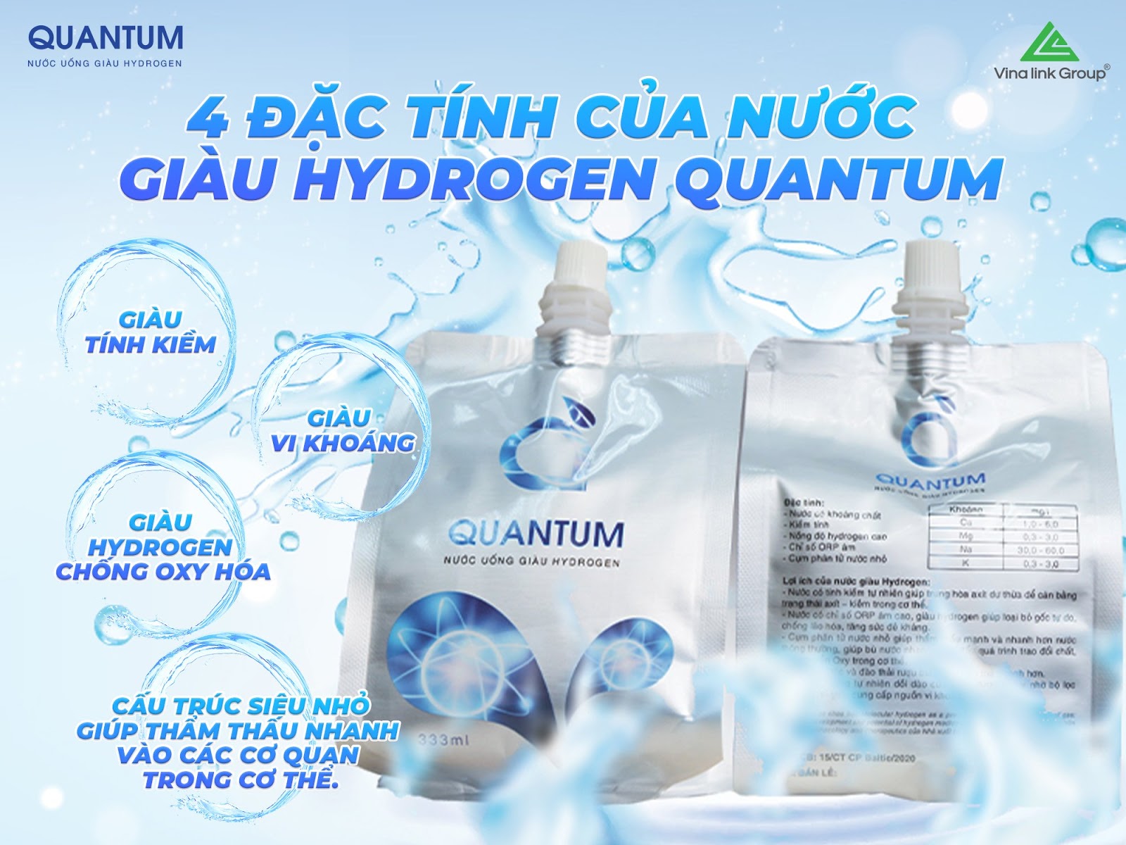 Nước khoáng tốt cho sức khỏe QUANTUM, chứa ion kiềm giàu hydrogen giúp giảm cân an toàn, mang lại công dụng thần kì cho sức khỏe. (333ml/túi)